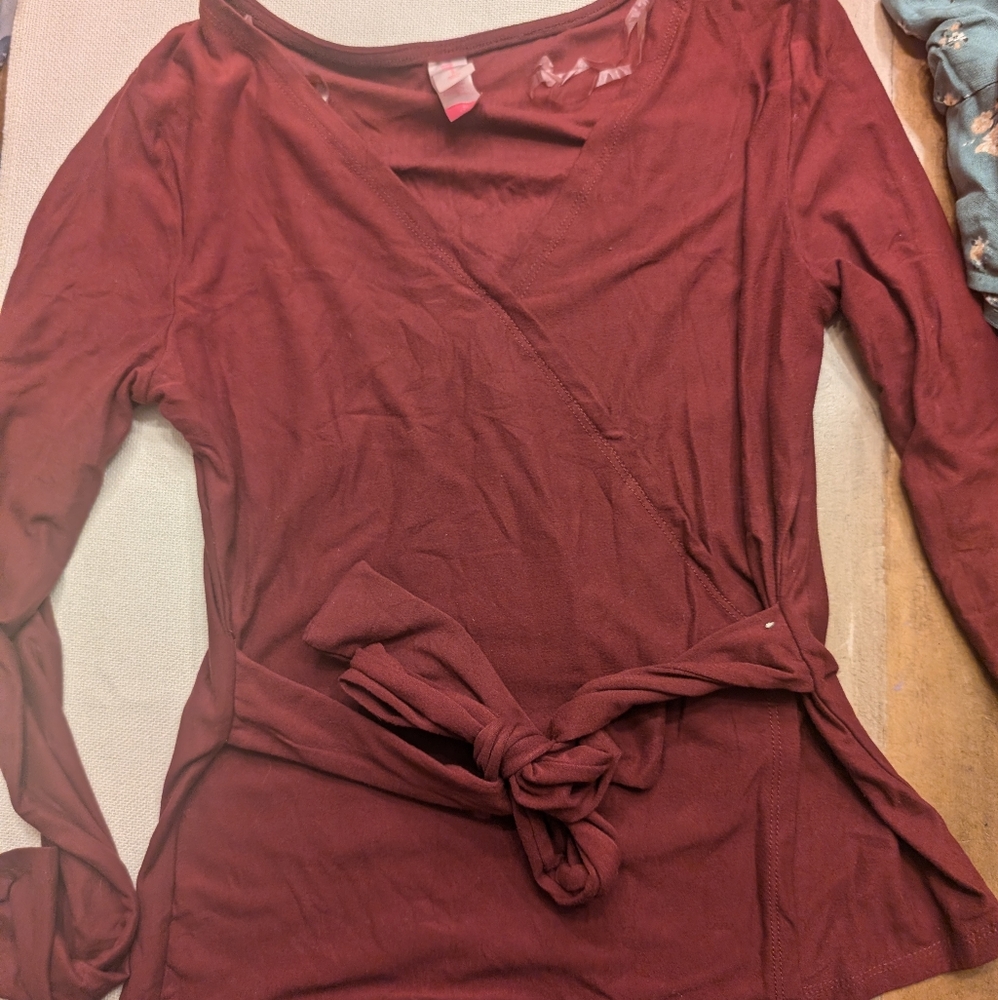 Burgundy Front Tie Long Sleeve Shirt